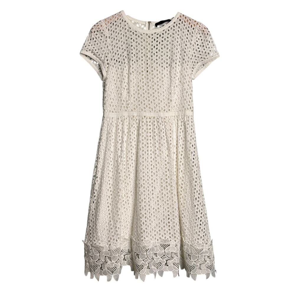 Hallhuber Party Dress White Eyelet Lace Cocktail Size 6 Fit Flare Short Sleeve